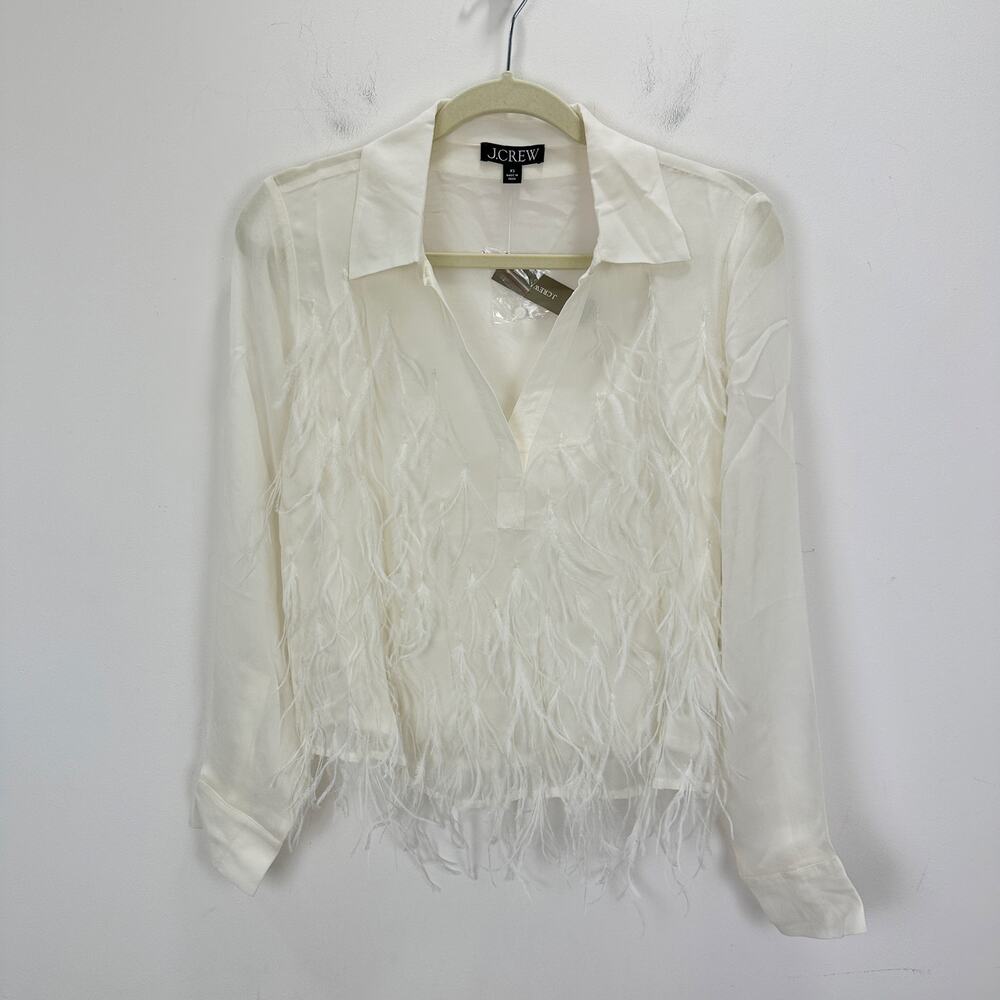 J.Crew Bungalow Feather Embellished Top Chiffon Viscose Blouse Ivory XS NWT - Picture 7 of 14